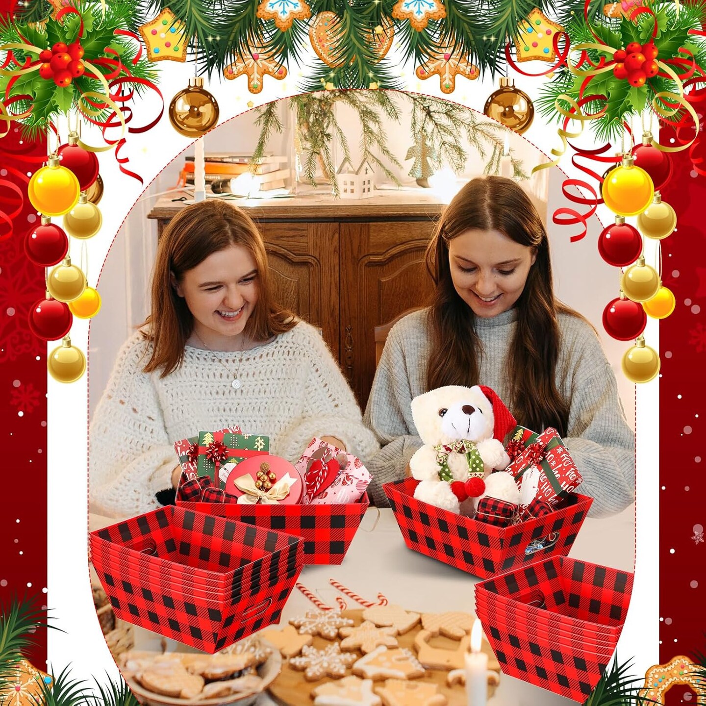 36 Pcs Christmas Baskets for Gifts Empty Set Includes 12 Buffalo Plaid Christmas Basket for Gifts to Fill, Sturdy Cardboard Baskets Bulk 12 Bags 12 Pull Bows for Christmas Xmas