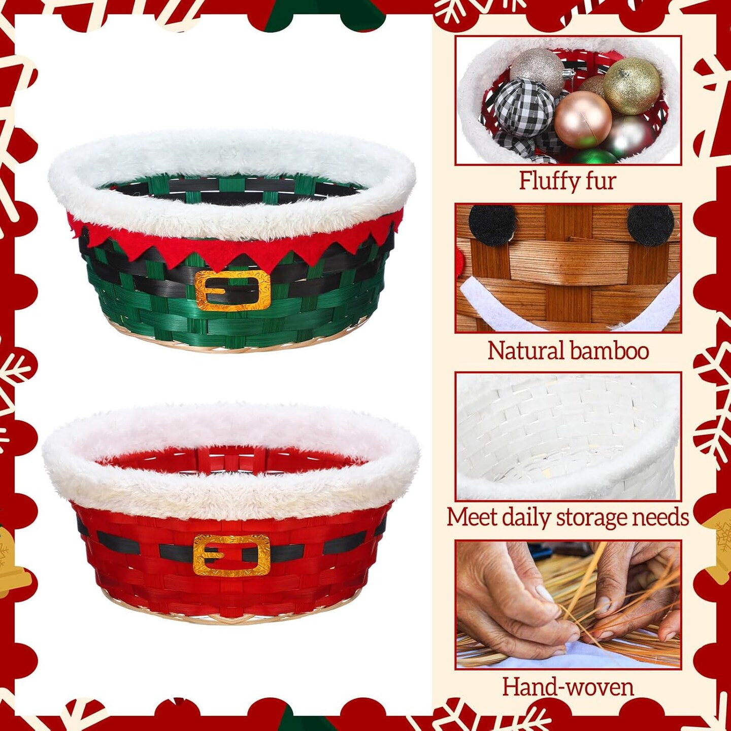 4 Pieces Christmas Basket for Gifts Snowman Woven Bamboo Basket Xmas Round Gingerbread Basket Small Santa Claus for Christmas Party Supplies Gift Snack Storage