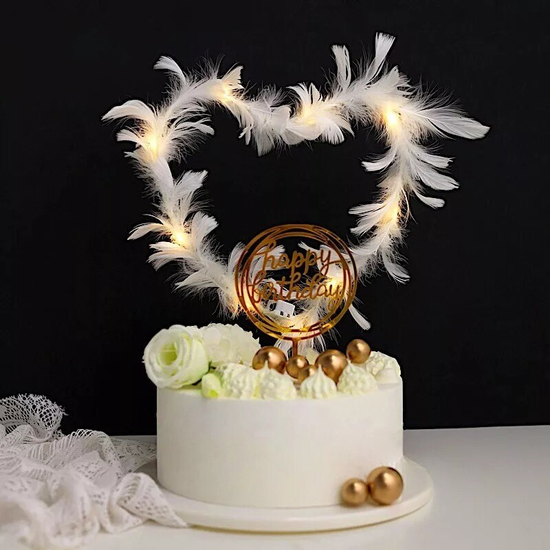 Warm White Real Feathers Adjustable CAKE TOPPER LED Lights Party Supplies