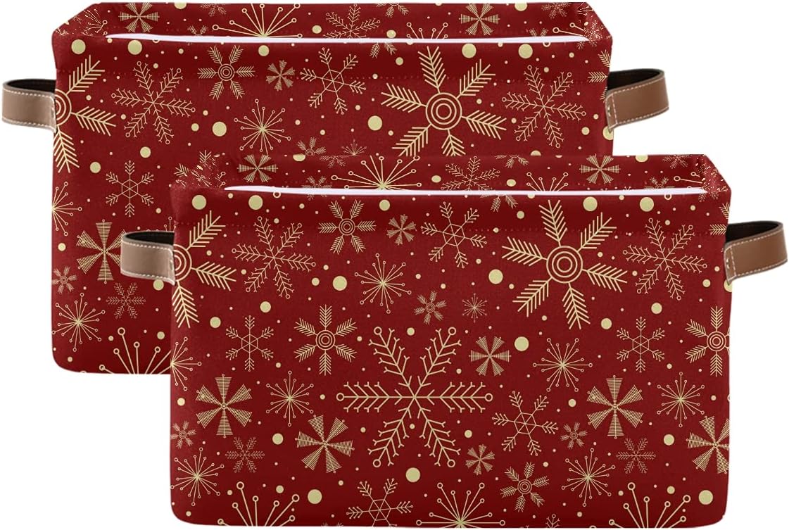 Christmas Basket, Large Foldable Storage Basket with Handles Christmas Snowflakes On Dark Red Fabric Collapsible Storage Bins Organizer Bag for Storage 15 x 11 x 9.5 inch