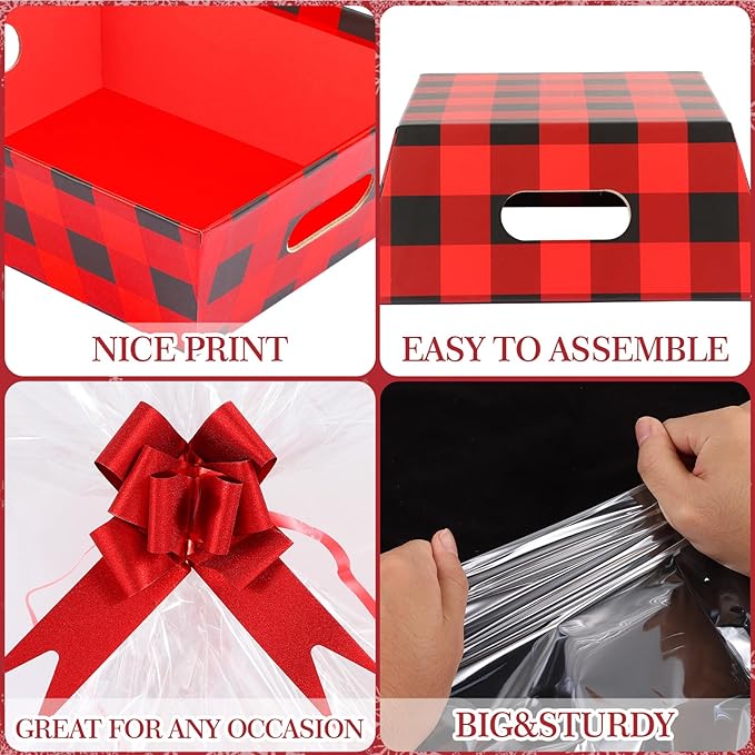 Basket Gift Set 8x10'' Gifts Baskets for Gifts Empty to Fill with Basket Empty, Basket Bags, Red Pull Bows for Christmas Holiday (Red and Black Plaid)