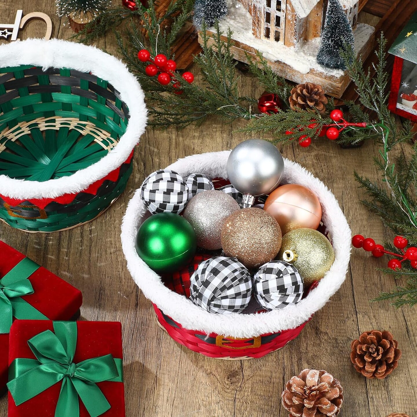 4 Pieces Christmas Basket for Gifts Snowman Woven Bamboo Basket Xmas Round Gingerbread Basket Small Santa Claus for Christmas Party Supplies Gift Snack Storage