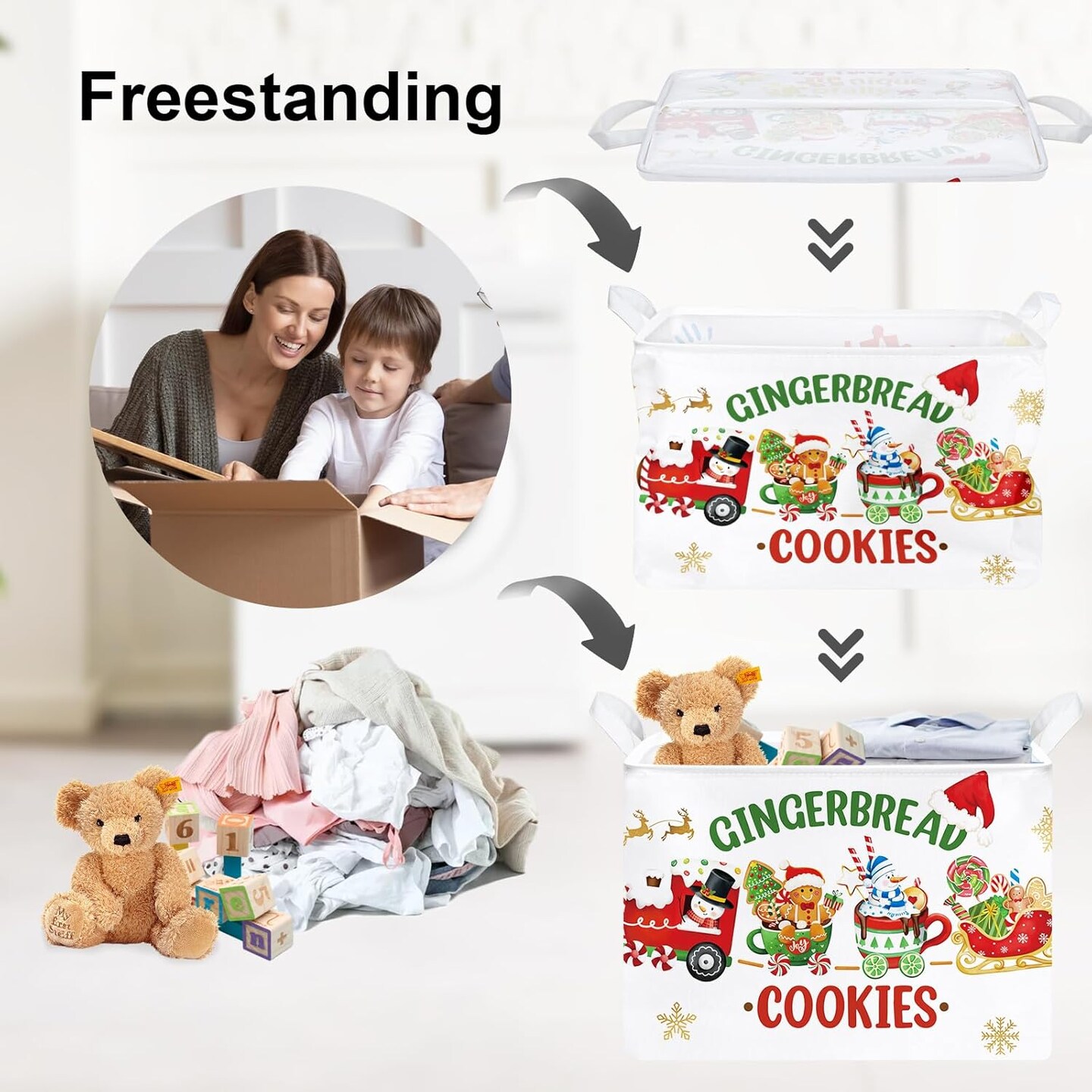 Large Cookie Gingerbread Christmas Gift Basket Candy House Train Sleigh Xmas Basket Kid Snowman Snowflake Toy Book Shelf Basket Collapsible Rectangle Clothes Nursery Bin