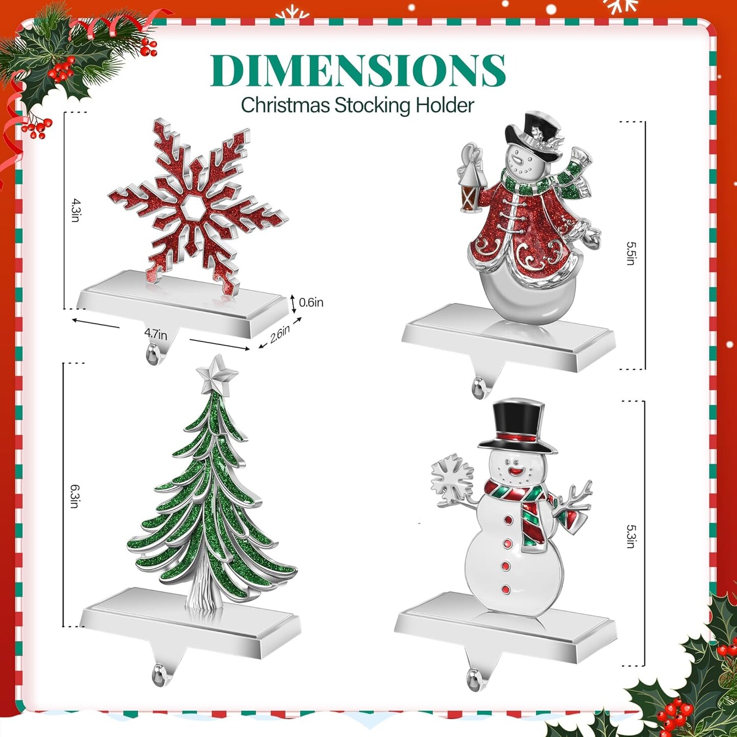 Set of 4 Christmas Stocking Holders for Mantle, Christmas Tree Weighted Stocking Holder, Snowflakes Stocking Hangers for Mantle,Christmas Stocking Holder for Fireplace Christmas Decorations