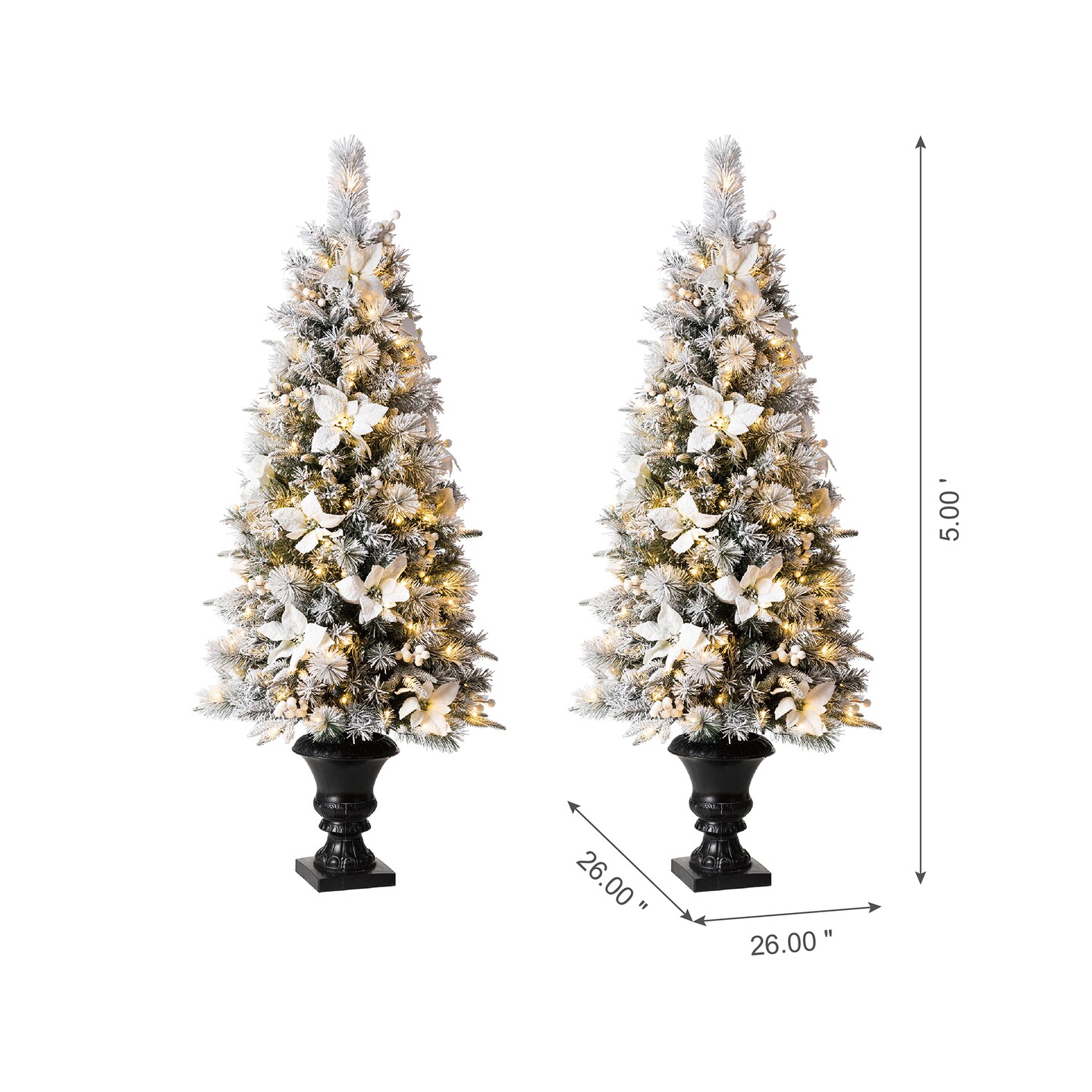 4ft/5ft Set of 2 Pre-Lit Pine Artificial Christmas Potted Porch Trees with Warm White Lights