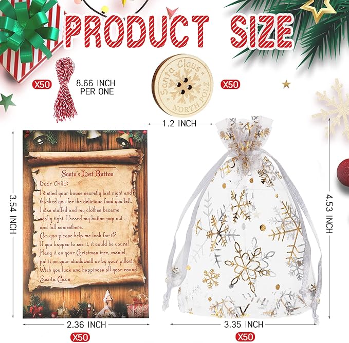 150 Pieces Santa Lost Button with Letter from Santa and Snowflakes Organza Bags Santa Claus Lost Button Ornament North Pole Express Letter for Christmas Morning Xmas Tree Fireplace