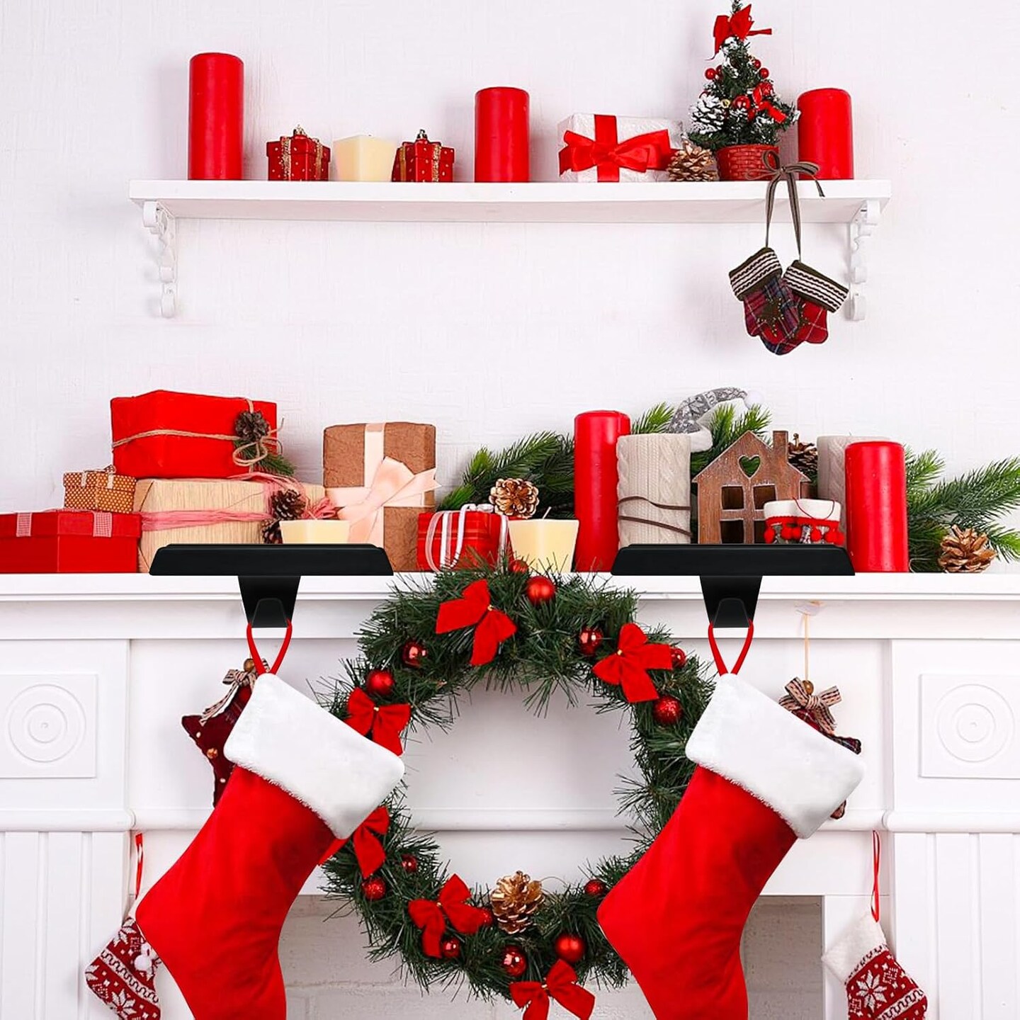 Christmas Stocking Holder for Mantle Set of 2, Black Christmas Stocking Hanger with Hook, Non-Slip Heavy Stocking Holders for Christmas Fireplace Mantel Decoration