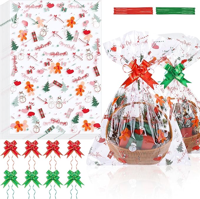 Basket Bags Clear Cellophane Bags 20 x 28 Inch Red Green Basket Bags Clear Thickened Gift Cookie Bags with Red Green Twist Ties, Bows Ribbon for Christmas Gift Baskets