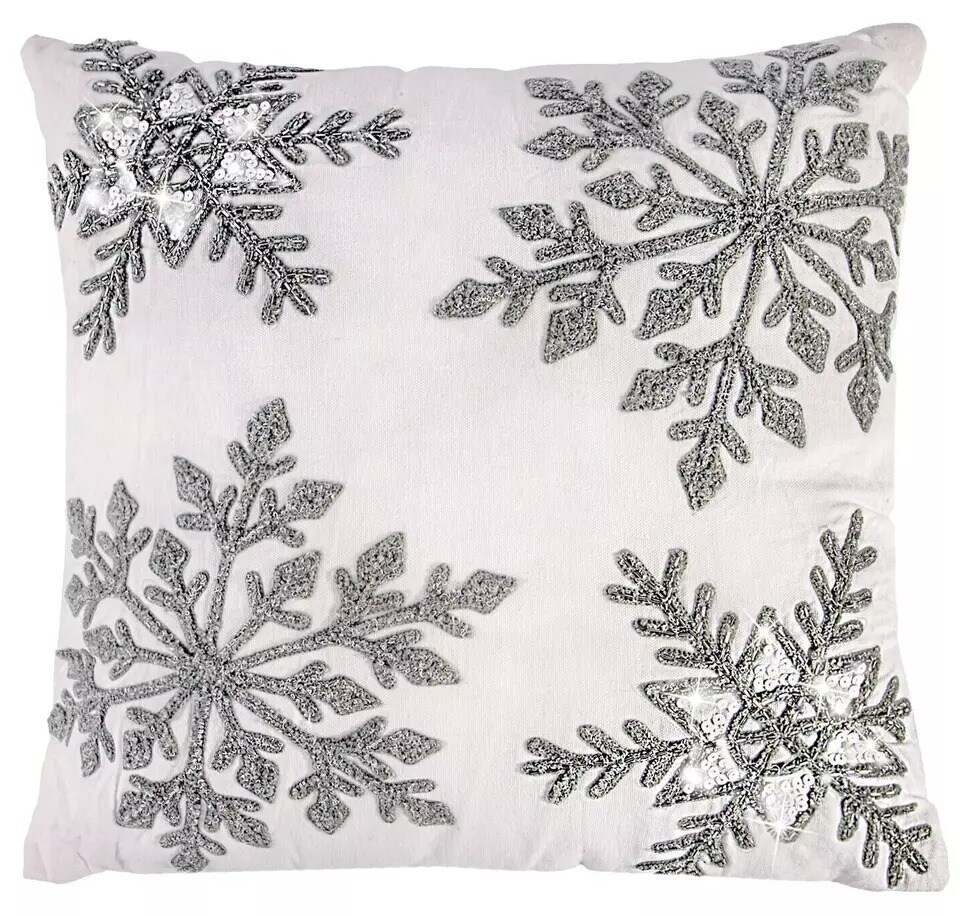 Snowflakes Decorative Throw Pillow, Embroidered Square Christmas Pillow 18x18&#x22;