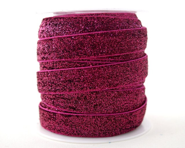 5/8" x 20 Yards Fold Over Elastic Stretch Fuchsia Glitter Trim