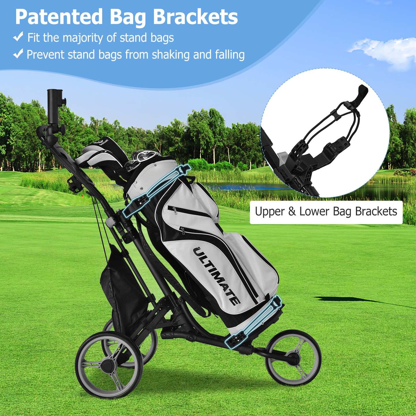 Folding 3 Wheels Golf Push Cart with Bag Scoreboard Adjustable Handle