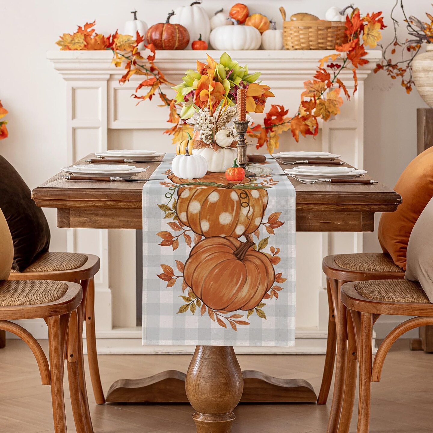 Pumpkin Leaves Fall Table Runner, Buffalo Plaid Autumn Thanksgiving Harvest Farmhouse Style Table Decoration for Dining, Party, Holiday - 13x72 Inch, Grey Blue