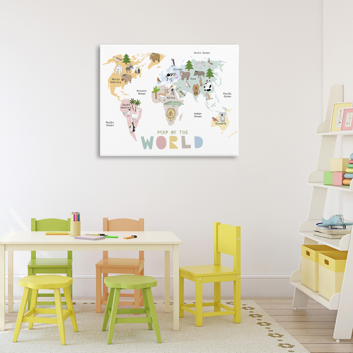 Stupell Industries Map Of World Pastel Animals Canvas, design by Carla Daly