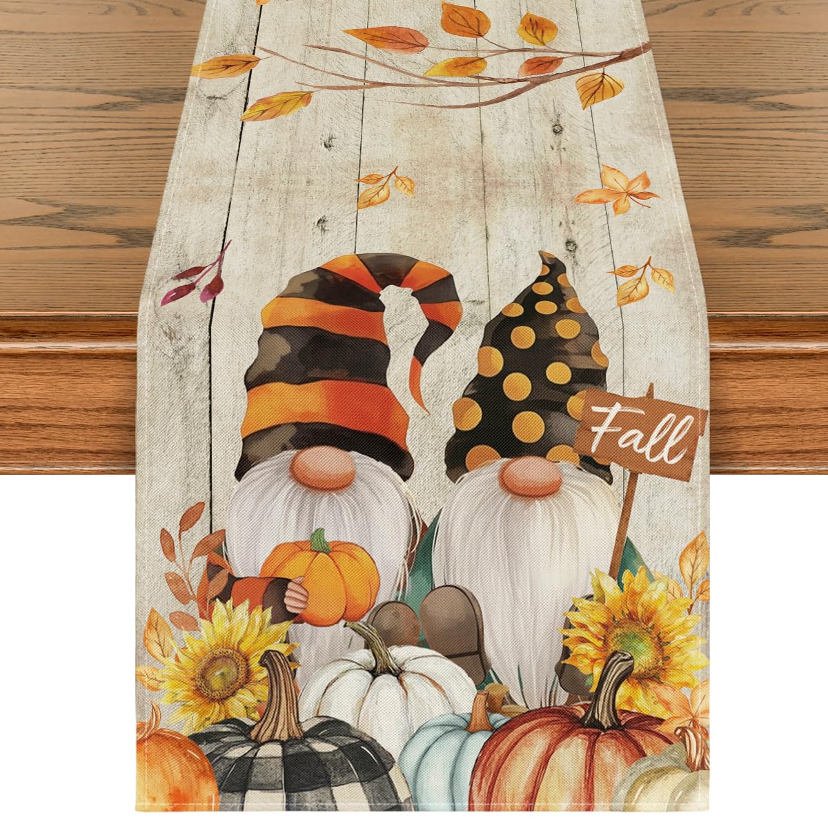 Wood Gnomes Pumpkins Sunflower Leaves Fall Table Runner, Seasonal Autumn Kitchen Dining Table Decoration for Home Party Decor 13x72 Inch