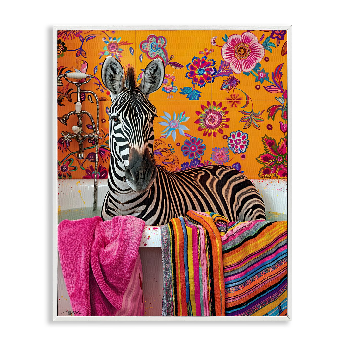 Stupell Industries Zebra Bath with Colorful Towel Framed Giclee, design by Momart