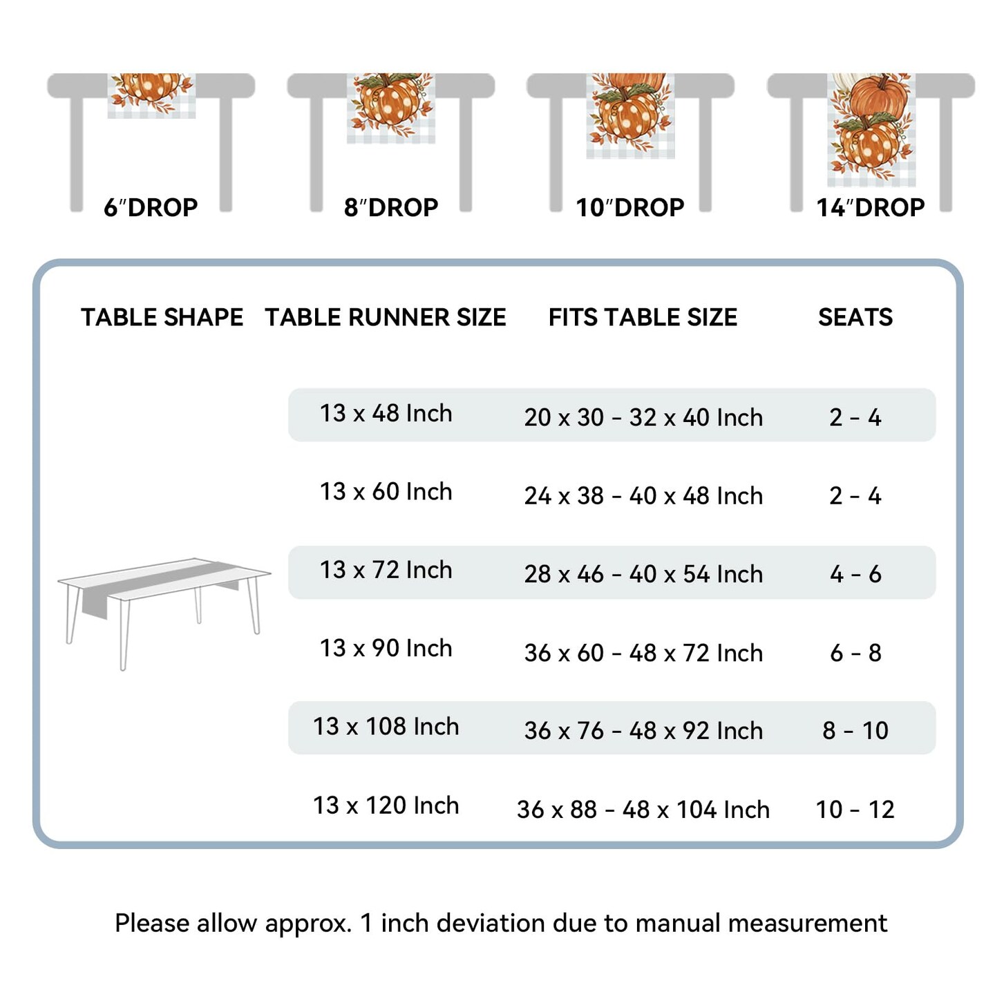 Pumpkin Leaves Fall Table Runner, Buffalo Plaid Autumn Thanksgiving Harvest Farmhouse Style Table Decoration for Dining, Party, Holiday - 13x72 Inch, Grey Blue