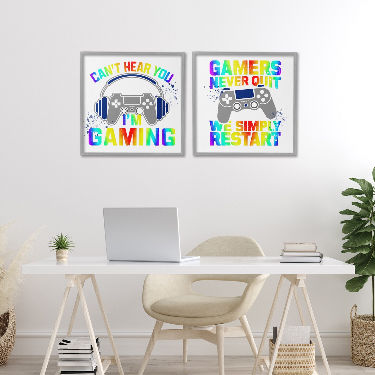 Stupell Industries Rainbow Retro Gaming Phrases 2pc Framed Giclee Set, design by Kim Allen