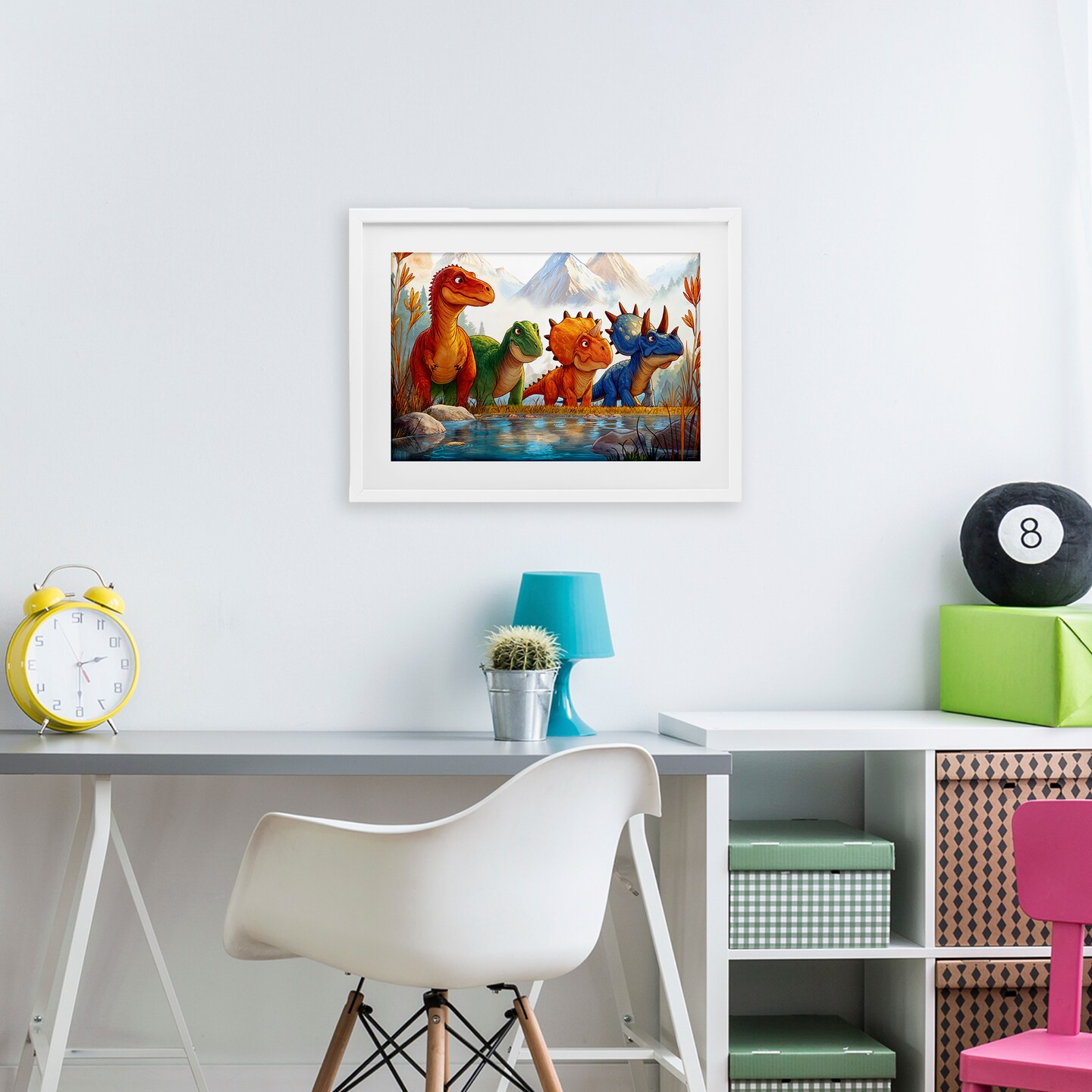 Stupell Industries Four Dinos By The Pond Framed Print Under Glass, design by Wumples