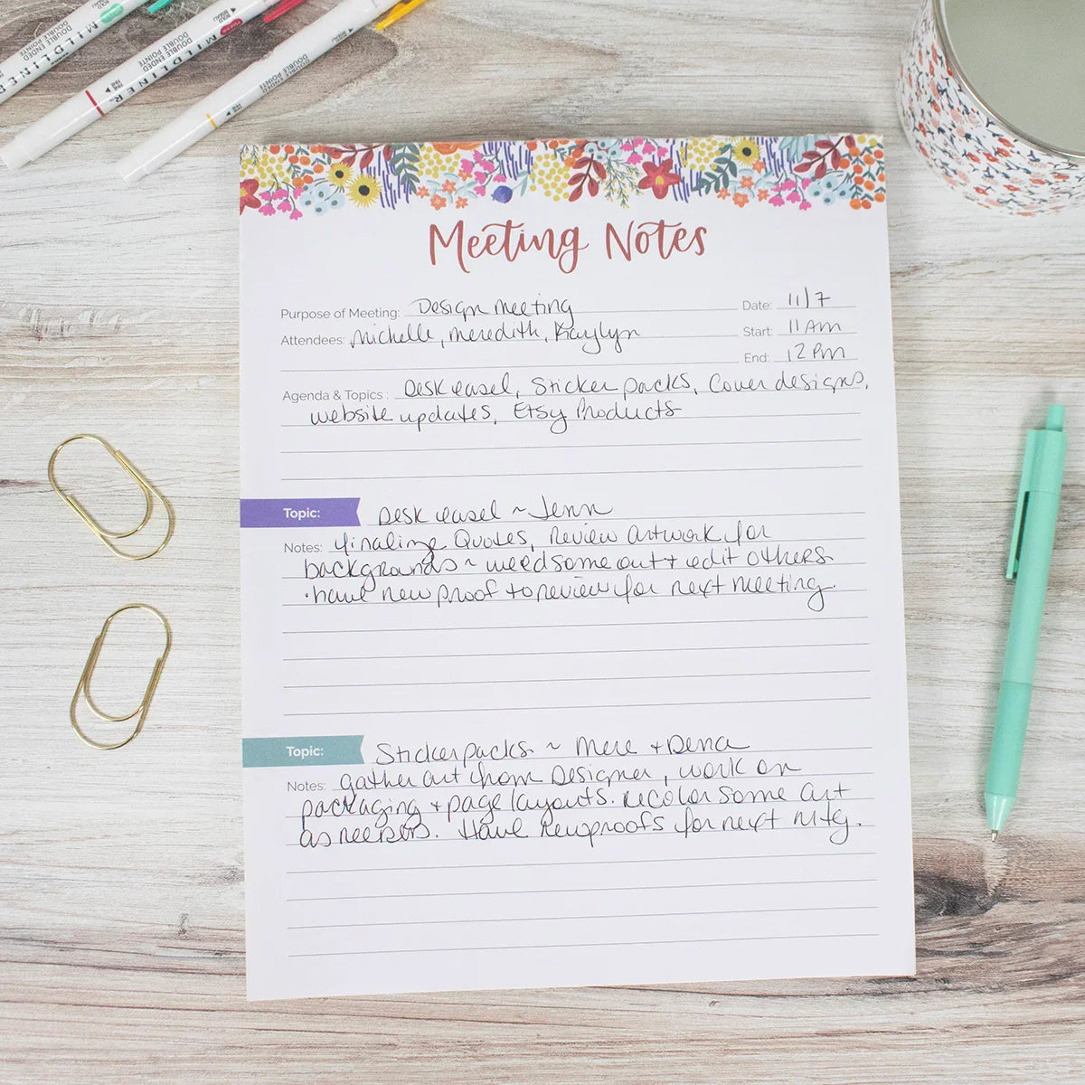 bloom daily planners Planning Pad, 8.5" x 11", Double Sided Meeting Notes, Floral Dots