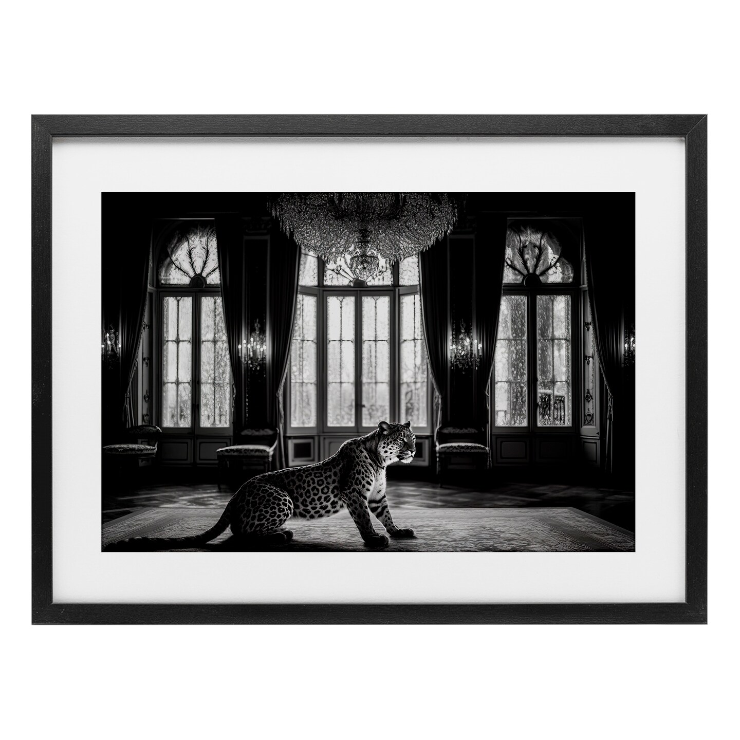 Stupell Industries Snow Leopard in Opulent Mansion Framed Print Under Glass, design by Decent Exposures