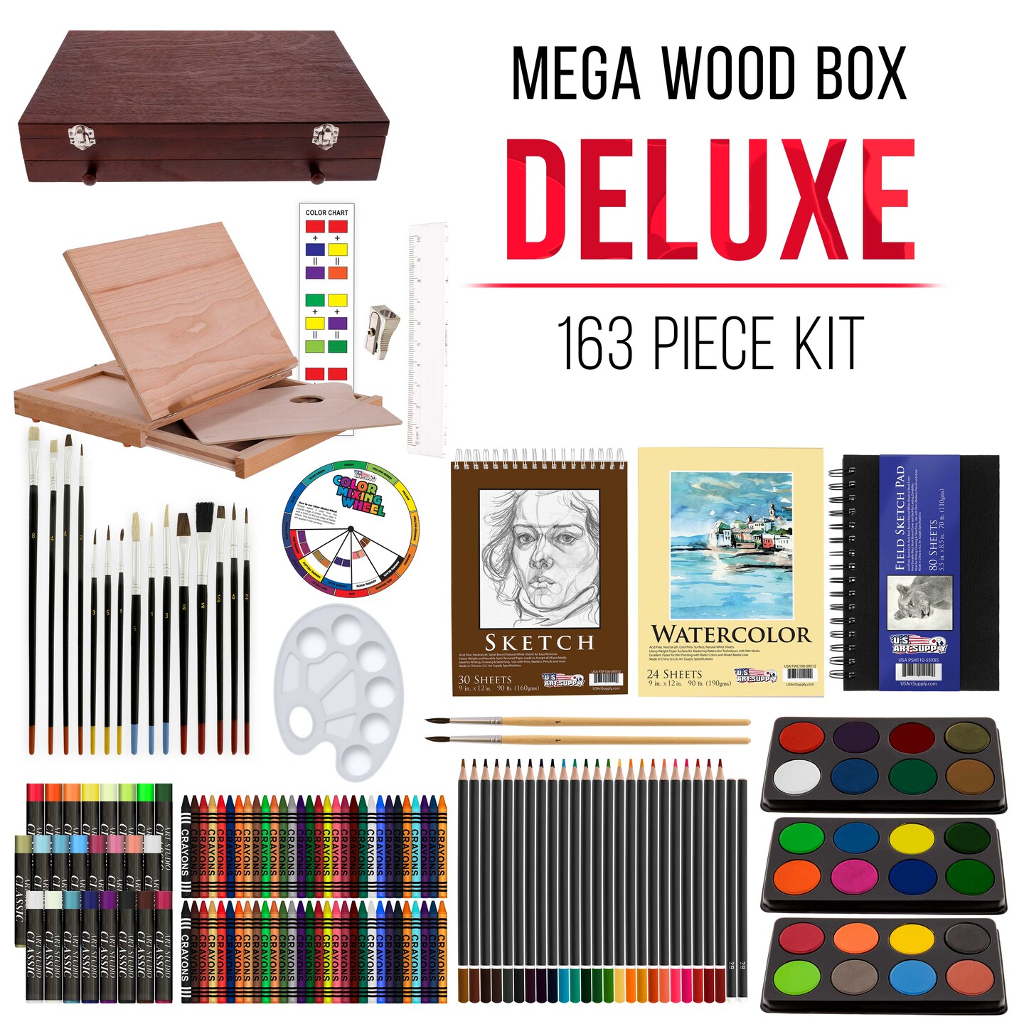 U.S. Art Supply 163-Piece Mega Wood Box Artist Kit with Easel, Painting, Drawing & Art Supplies for Adults - Watercolors, Oil Pastels, Pencils, Crayons & Brushes - Art Kit for Adults, Gift Set