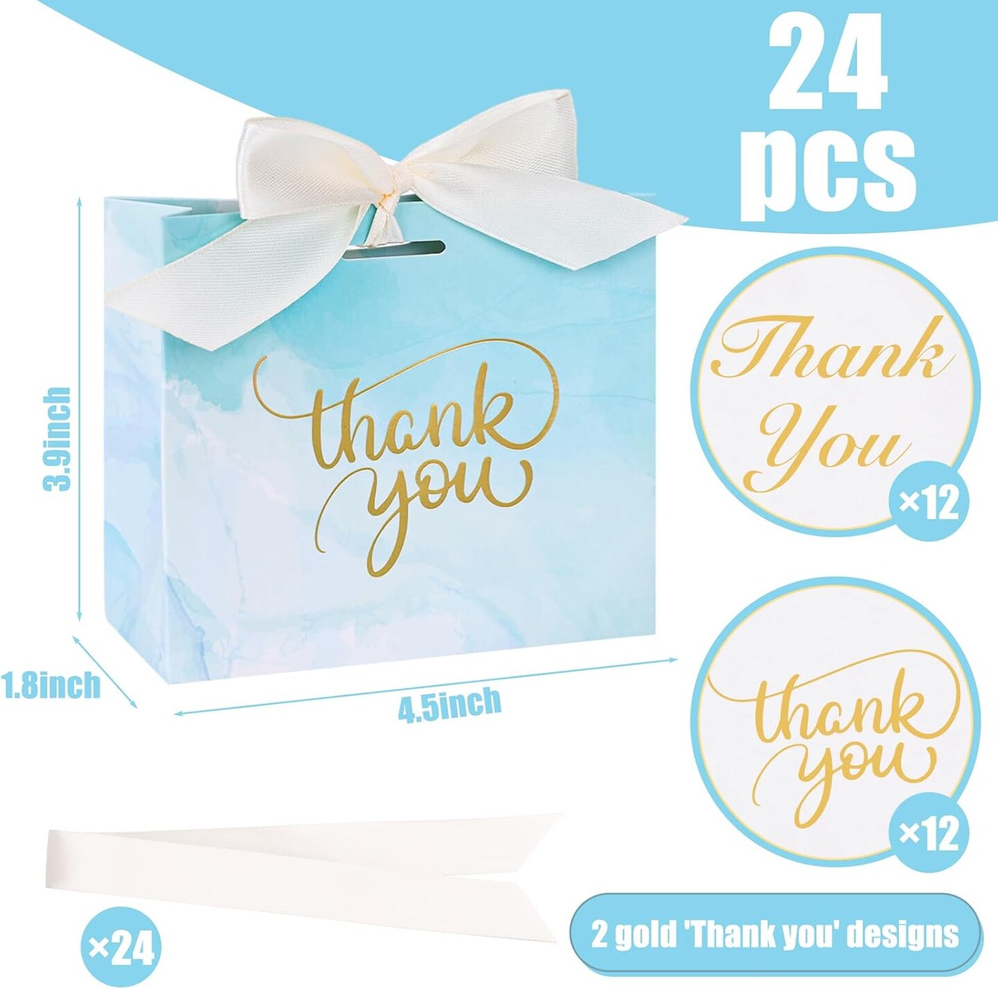 Thank You Gift Bags, Light Blue Bags with Gold Lettering and Bow Ribbon, 24 Pack, for Wedding Bridal Baby Shower Birthday