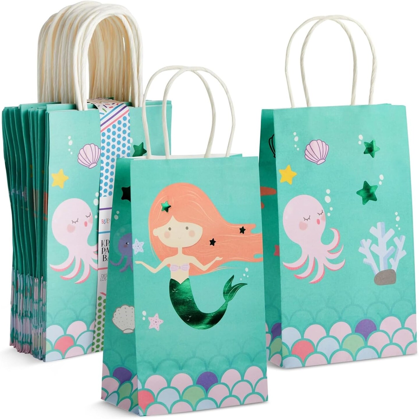 24 Pack Mermaid Gift Bags with Handles for Mermaid Birthday Decorations, Goodies, Treats (5.3 x 3.2 x 9 In Under The Sea Party Bags)