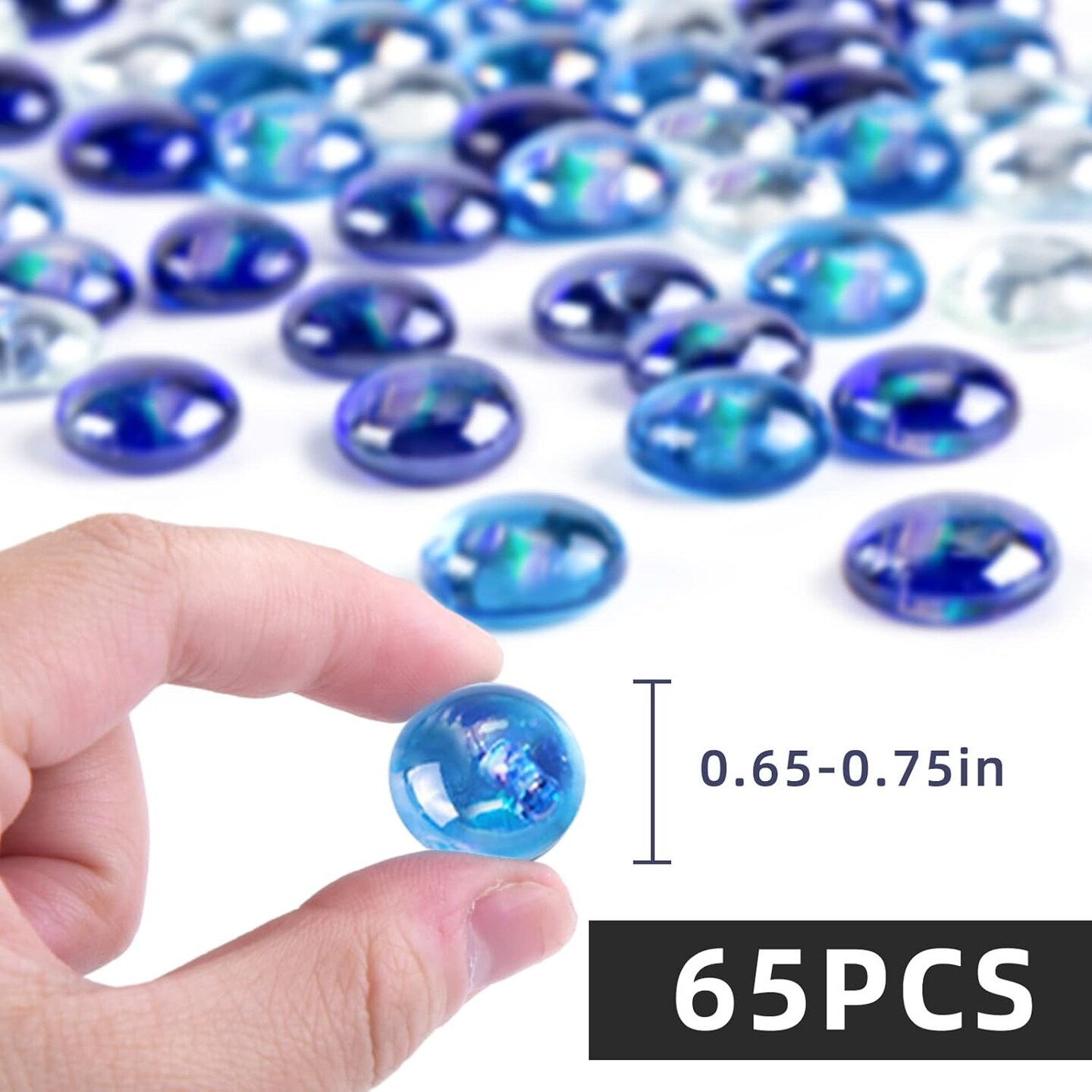 65PCS Iridescent Blue Flat Marbles, Decorative Glass Pebbles Beads Vase Fillers Decorative Fish Tank Aquarium Rocks for Centerpieces Table Decor