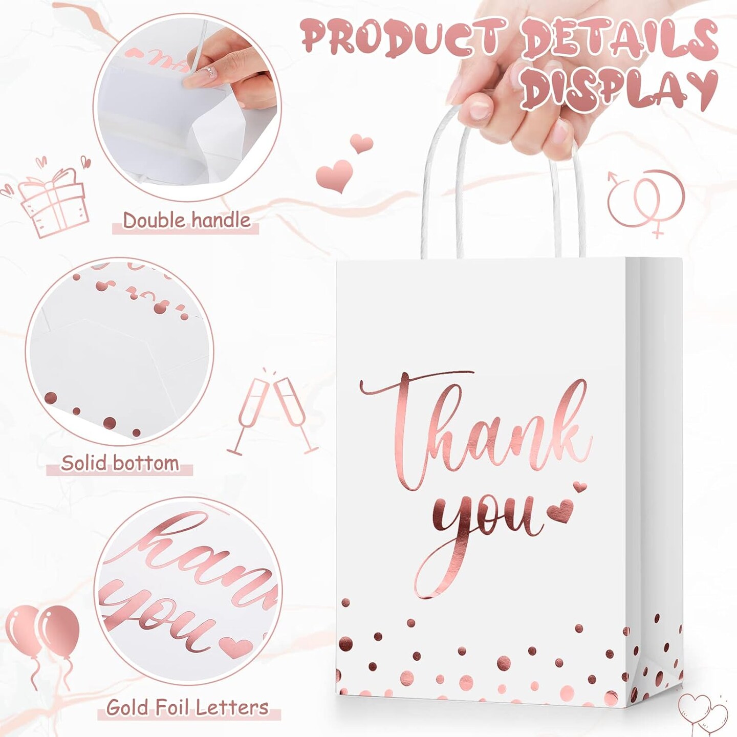 12 Pcs Thank You Gift Bags with Tissue Paper Gold Polka Dots Thank You Bags with Handle Party Favor for Wedding Birthday Baby Shower Business Shopping(Rose Gold)