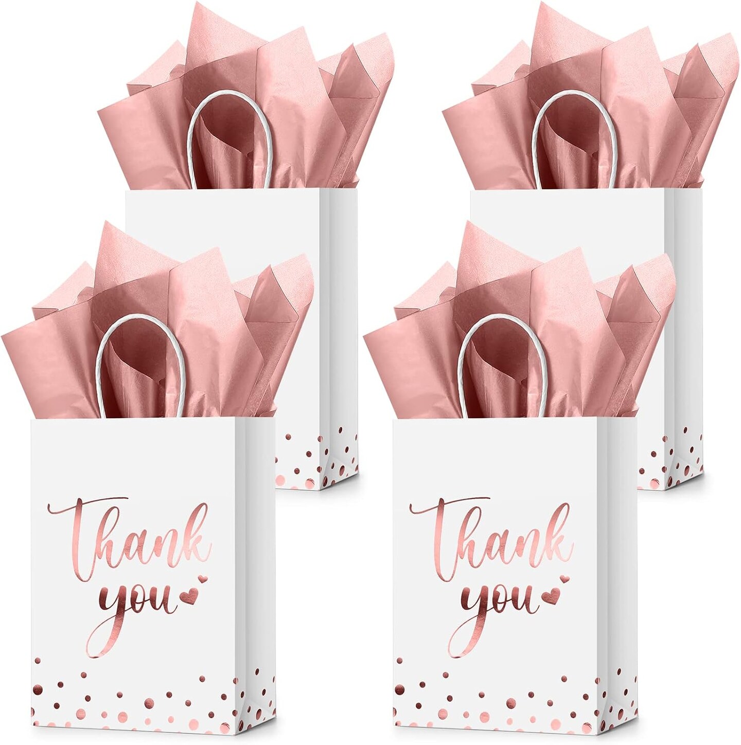 12 Pcs Thank You Gift Bags with Tissue Paper Gold Polka Dots Thank You Bags with Handle Party Favor for Wedding Birthday Baby Shower Business Shopping(Rose Gold)