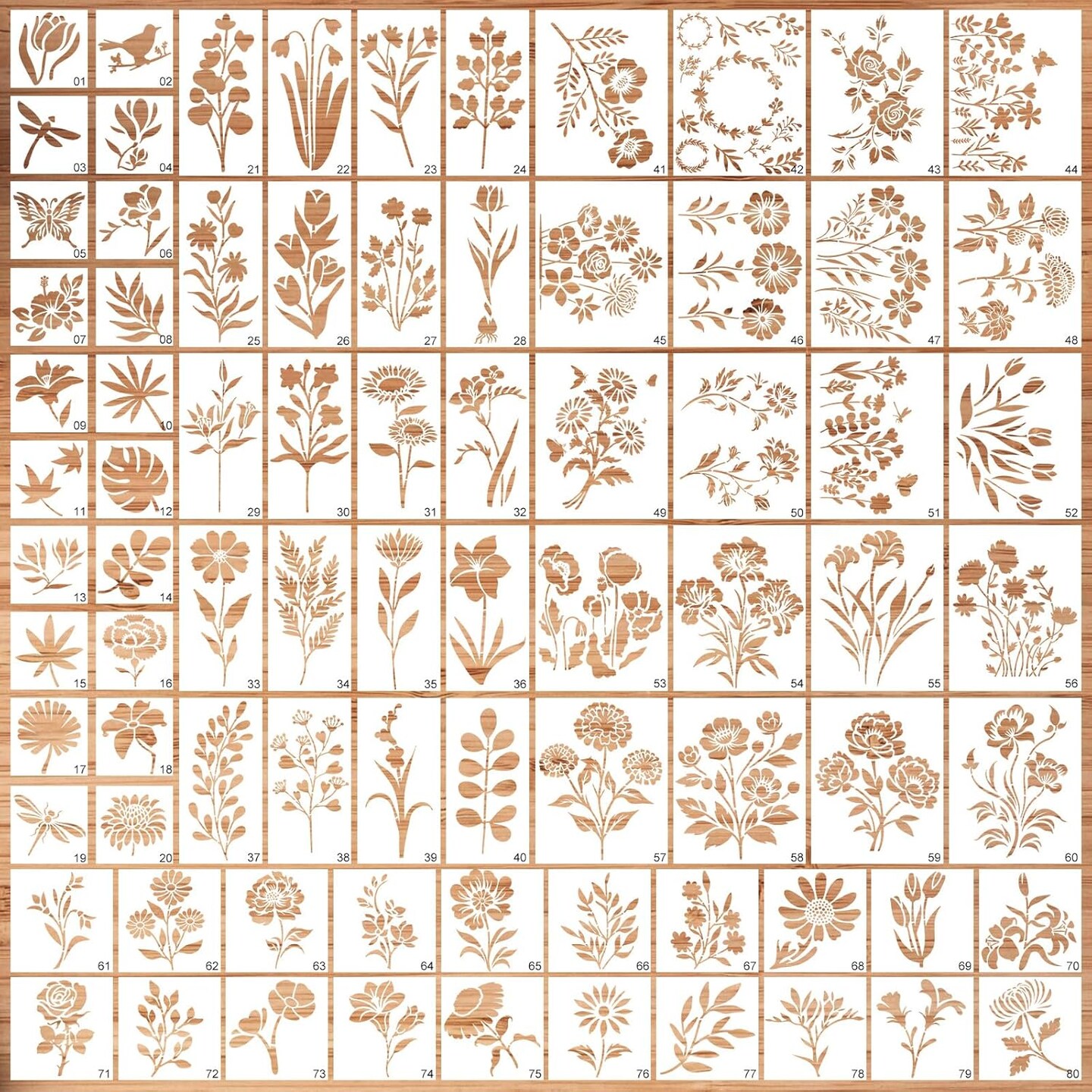 80PCS Flower Painting Stencils Set – Reusable Multi-Size Wall & Craft Templates for DIY Art, Scrapbooking, Card Making, Wood, Fabric, Canvas & Home Decor