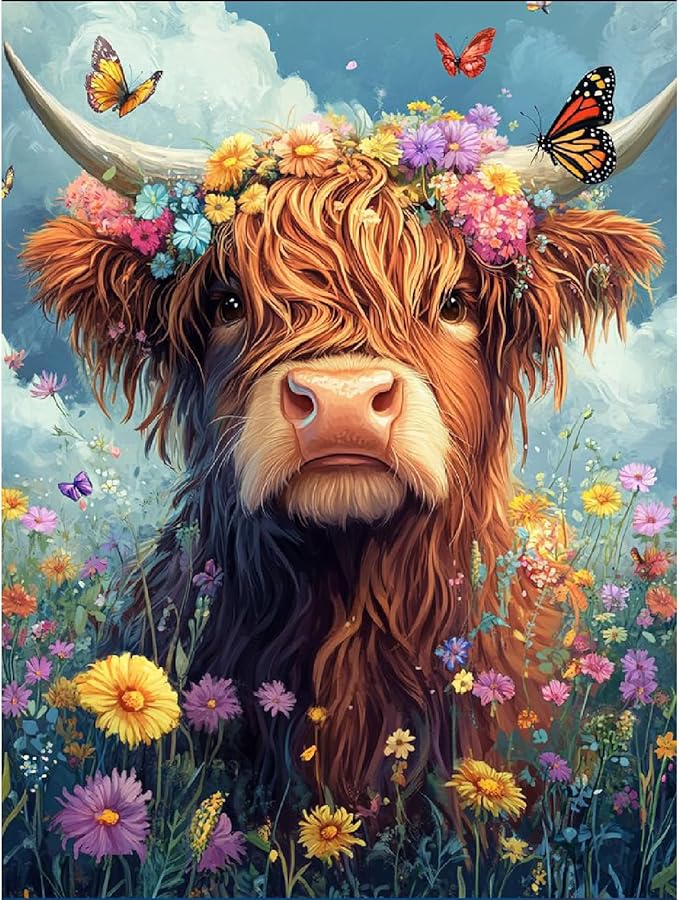 Highland Cow Diamond Painting Kit for Adults - 5D Full Drill Diamond Art for Beginners - 12x16 Inch Rustic Animal Gem Art Set - DIY Crystal Embroidery & Diamond Dots for Home Wall Decor