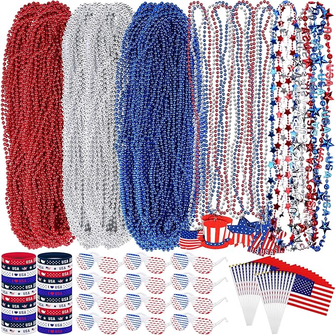 144pc Patriotic Party Favor Set - 4th of July Beads, USA Flags, Bracelets & Sunglasses