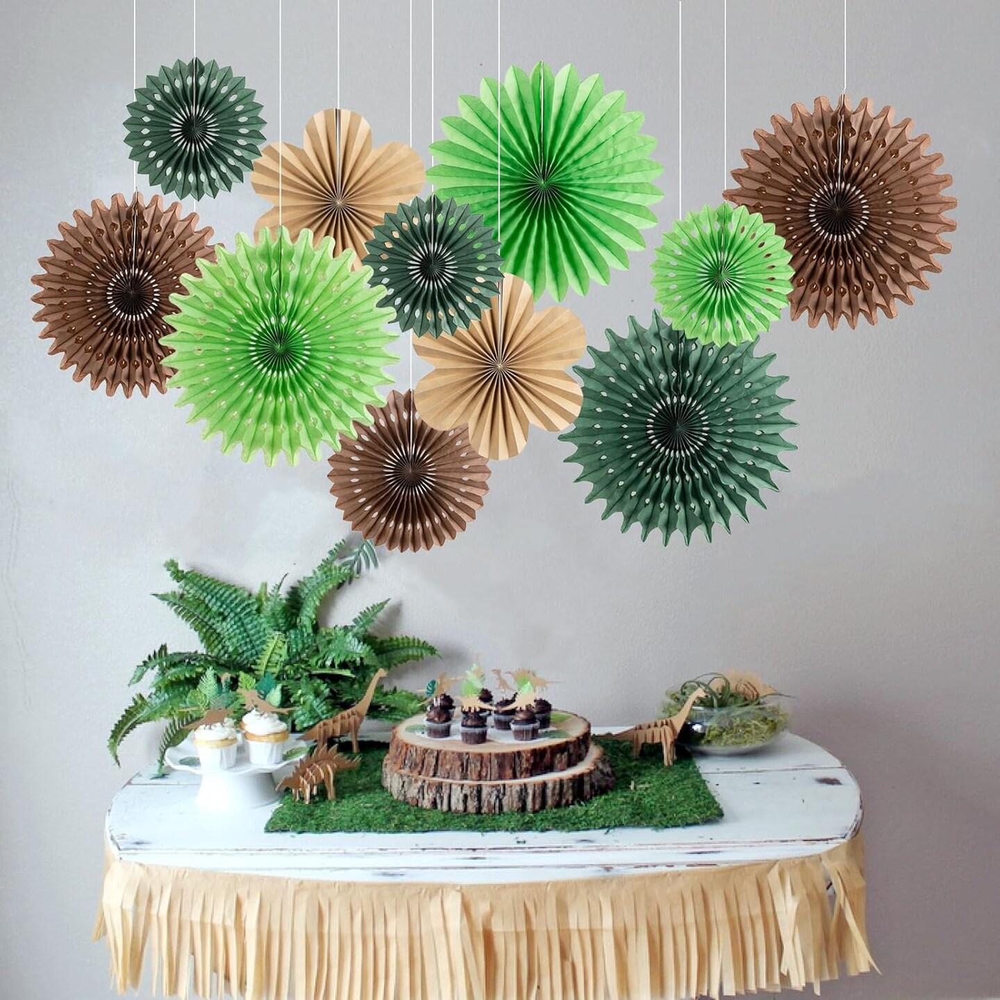 11-Piece Hanging Paper Fans Decoration Set | Green & Brown Tropical Jungle Flowers for Summer Safari Carnival, Birthday Party & Nursery Wall Decor
