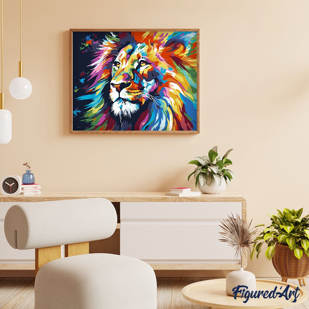 Figured'Art Paint by Numbers for Adults Colorful Abstract Lion 16"x20" - Craft Art Painting DIY Kit Rolled Canvas Without Frame