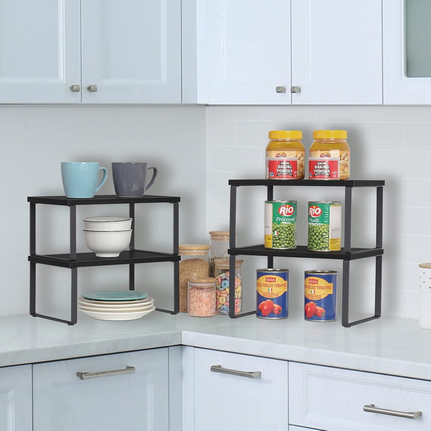 4pcs Kitchen Counter Shelves Stackable Shelf Organizer Wood Countertop Shelf Expandable Cabinet Shelf Organizers Countertop Storage Rack for Pantry, Industrial Black