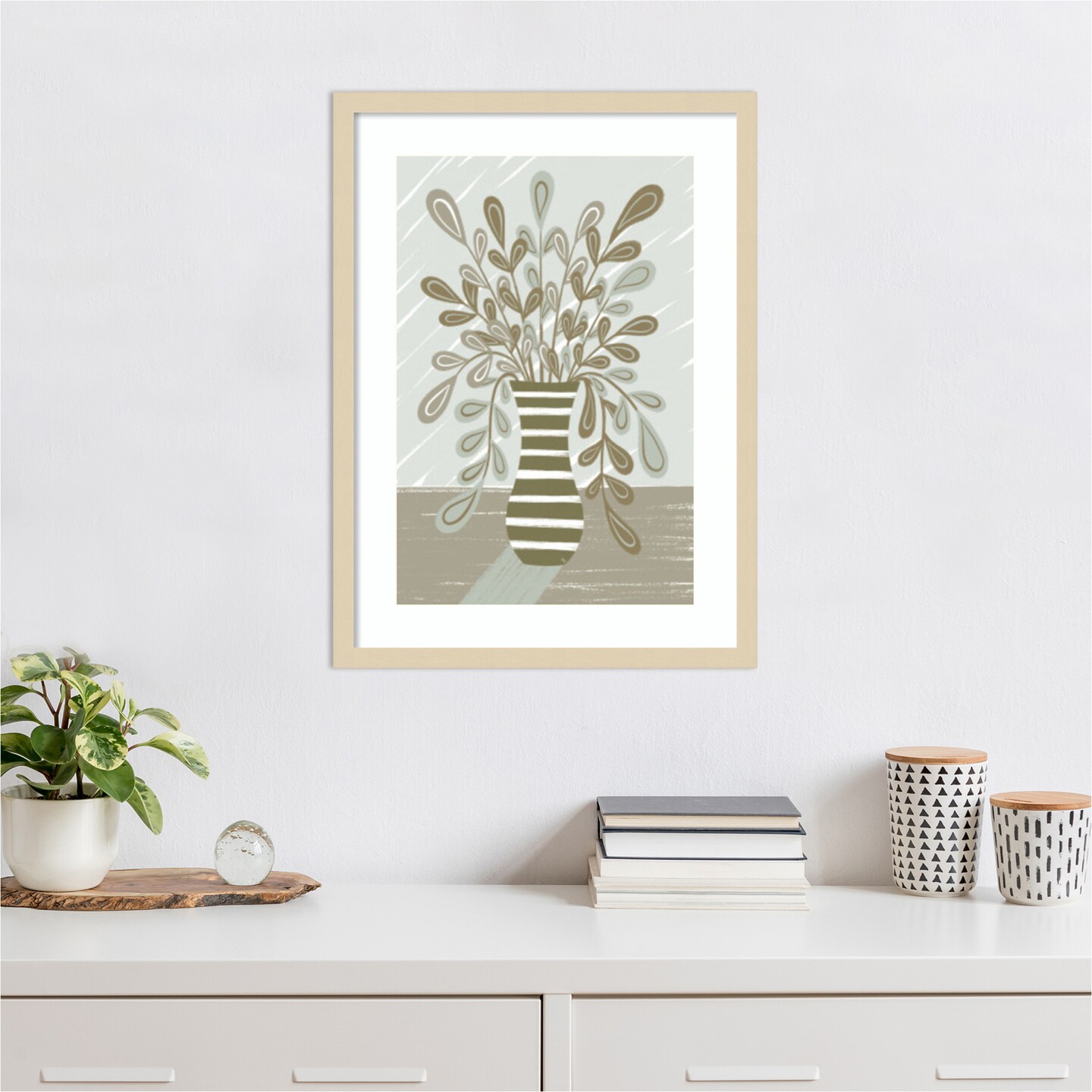 Beige Table Top by Martina  Wood Framed Wall Art Print