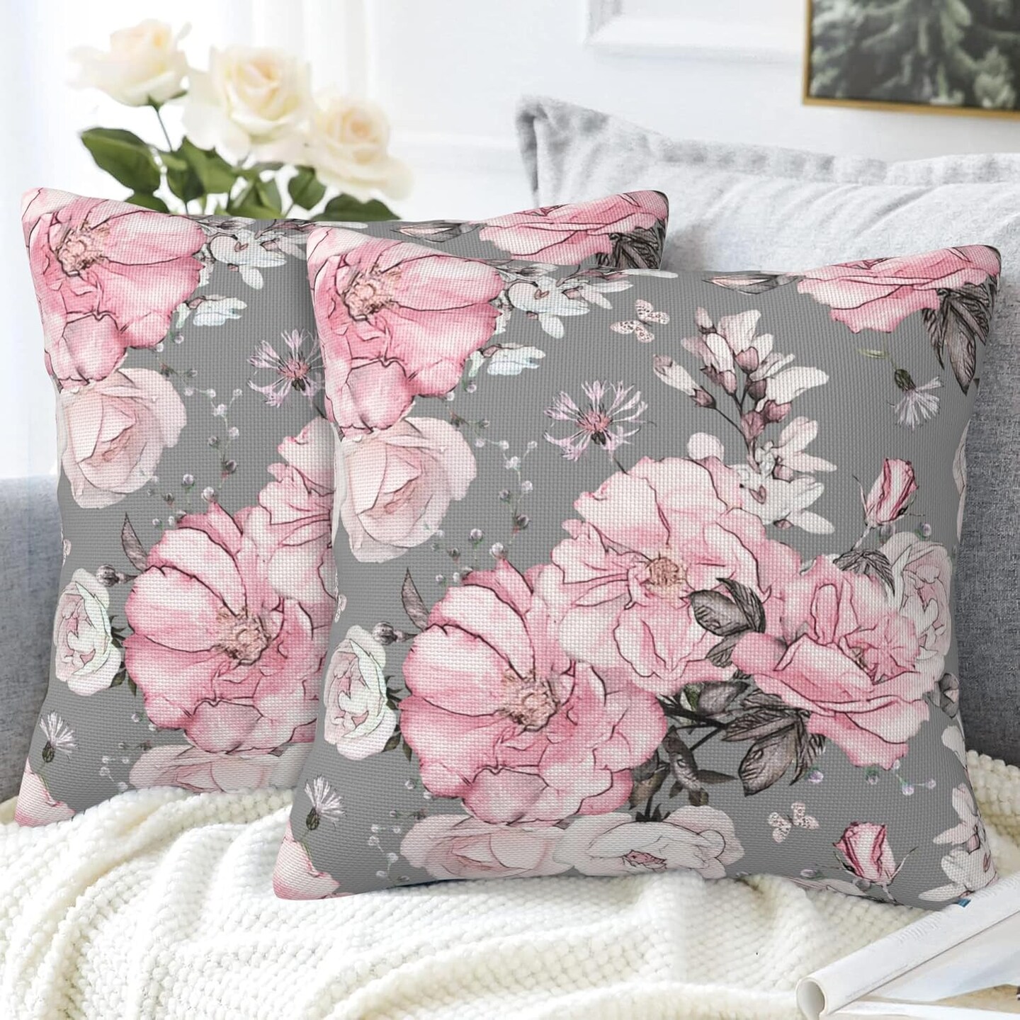 Throw Pillow Covers Pink Flowers Pillow Covers 18x18 Inch Set of 2 Flower Rose Throw Pillows Decorative Pillow Cases Cushion Covers for Bedroom Livingroom Sofa Farm House