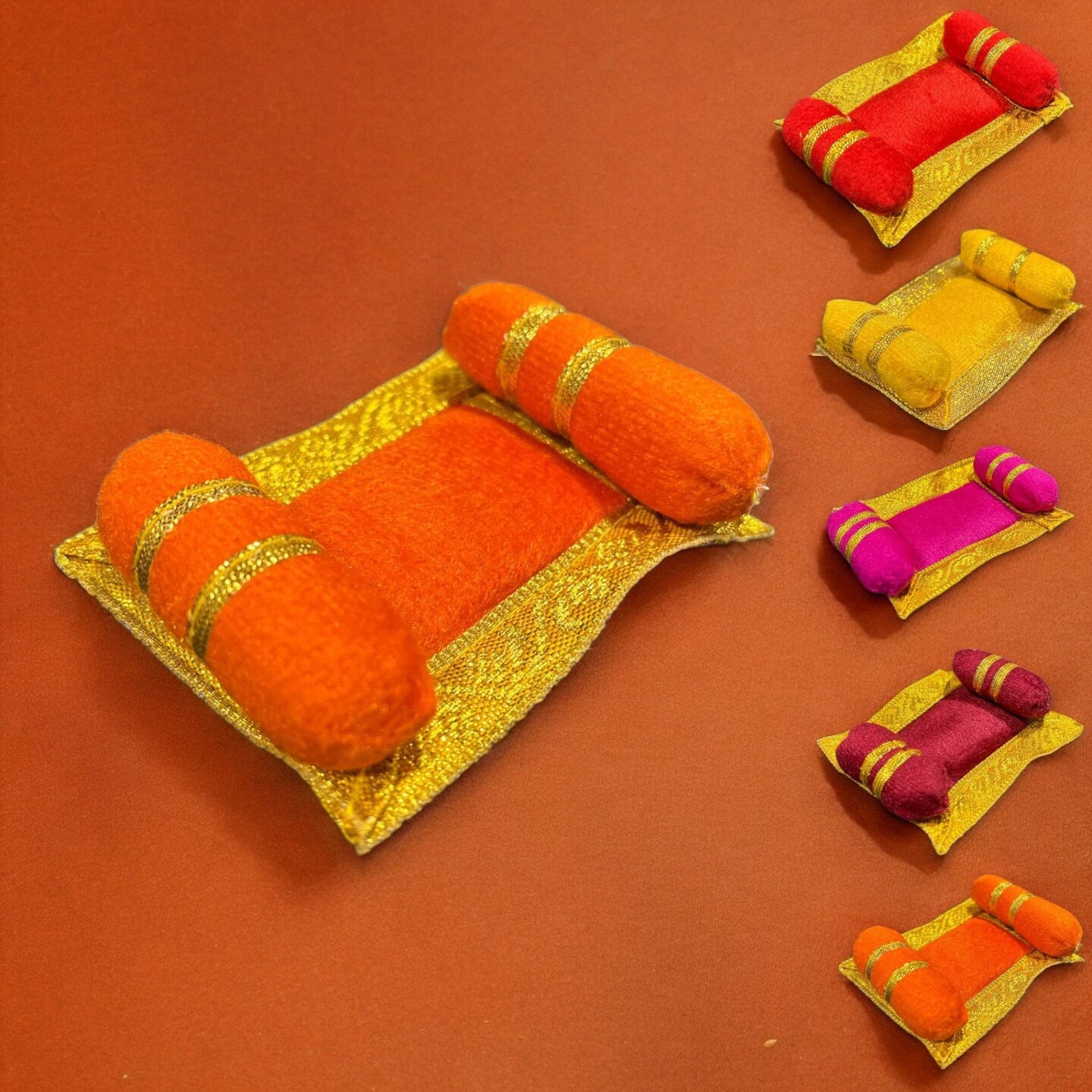 Mini Laddu Gopal Velvet Asan Takiya Pillow Set for Lord Ganesha, Krishna, Kanha Ji, Bal Gopal God Goddess Idol Soft Mattress Cushion/gadda Bed Cum Aasan Set (3x2.25 Inch)