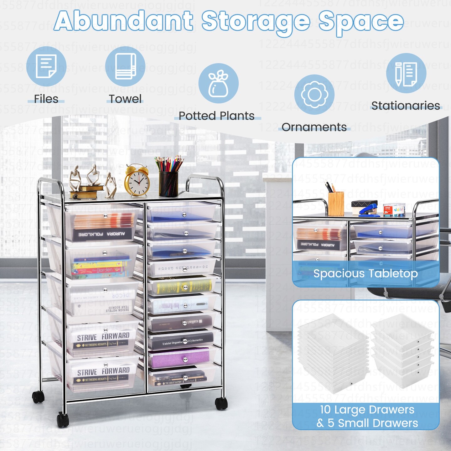 Costway 15 Drawer Art & Craft Rolling Storage Cart Tools Scrapbook Paper Office School Organizer Clear