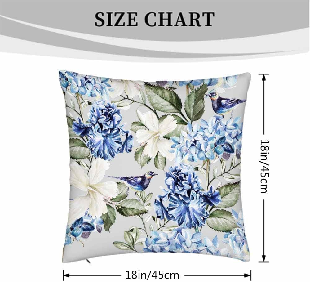 Pillow Covers Colorful Watercolor Blue Hydrangea Hibiscus Iris Leaf and Bird Spring Flowers Pattern 18X18 Inch Set of 2,Standard Square Cushion Throw Cover for Couch Bedroom Living