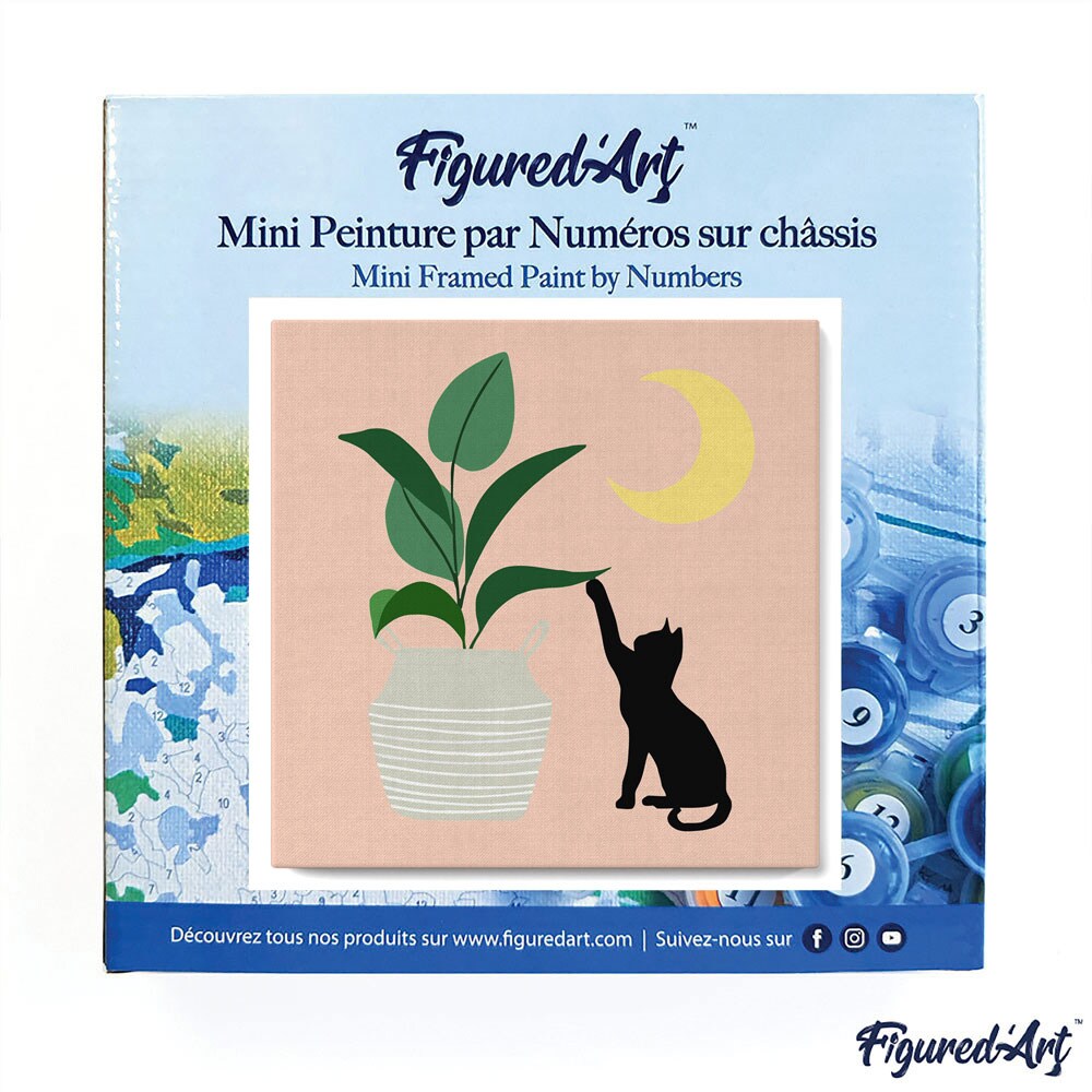 Figured&#x27;Art Mini Paint by Numbers Kit for Adults with Frame Cat plays with plant in the moonlight Small format 8&#x22;x8&#x22; - Craft Art Painting DIY Canvas Already Stretched on a Wooden Frame