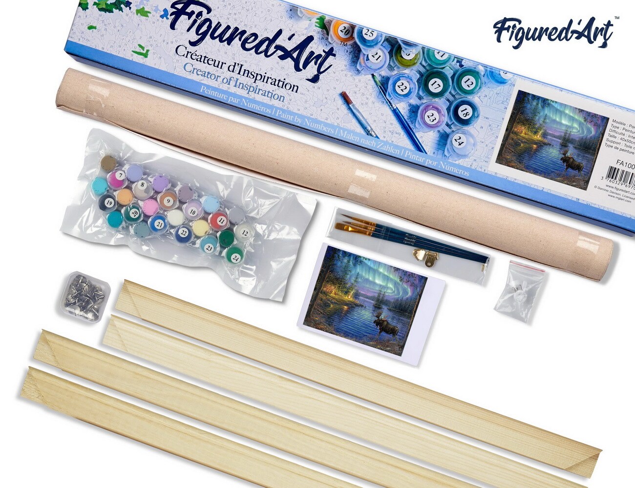 Figured'Art Paint by Numbers for Adults Moose and aurora borealis 16"x20" - Craft Art Painting Rolled Canvas with DIY wooden frame