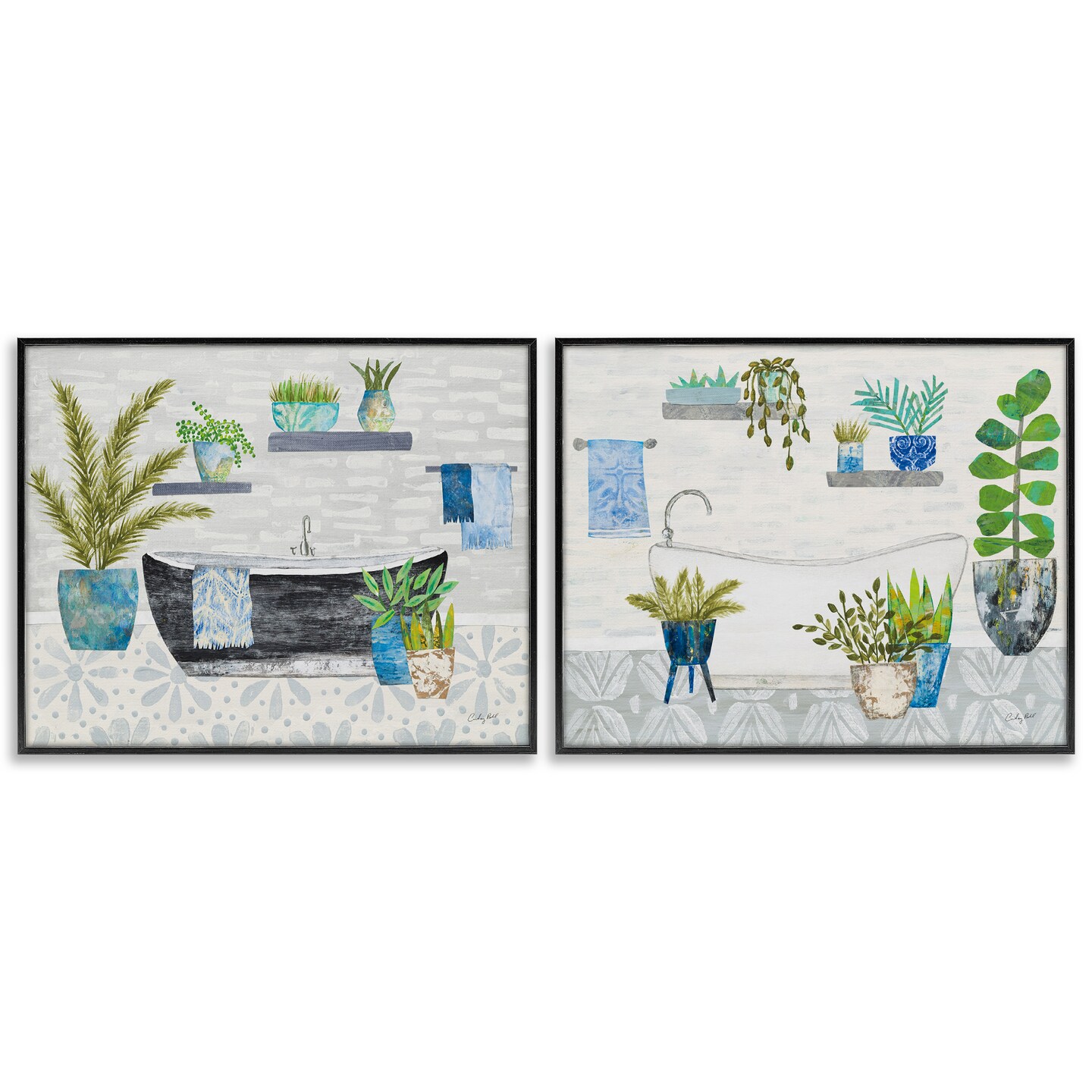 Stupell Industries Charming Botanical Bathroom 2pc Framed Giclee Wall Art Set Design by Courtney Prahl