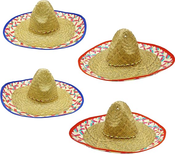 4E's Novelty 4 Pack Bulk Sombrero Hat Made Of Straw With Colorful Serape Trim And Chin Strap, Perfect Cinco De Mayo Hats For Adults Or A Giant Sombrero Hat Look Suits In mexico Sombreros For Party