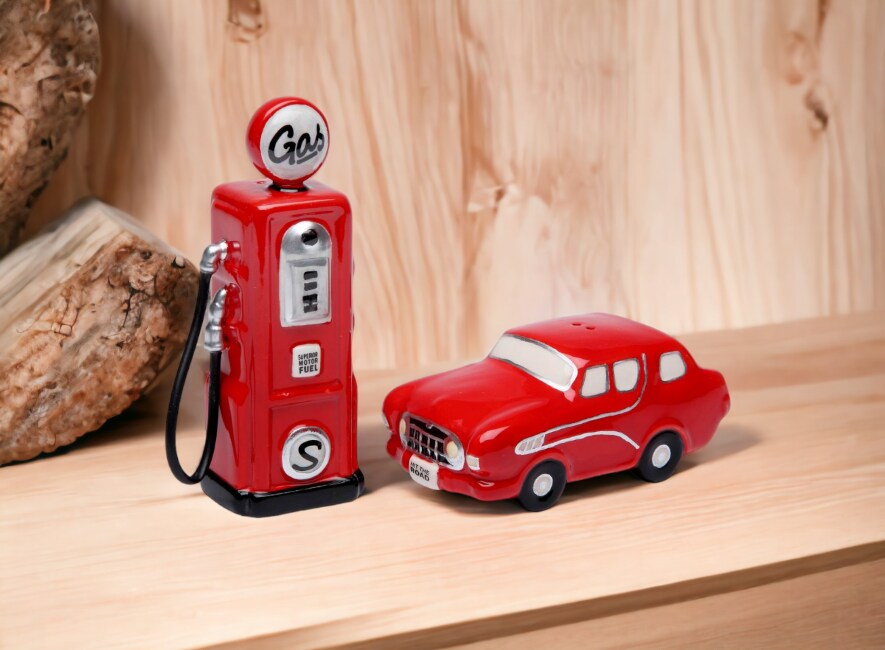 Hand Painted Ceramic Red Car And Gas Pump Salt &#x26; Pepper Shakers-Home D&#xE9;cor, Gift for Her, Gift for Him, Gift for Dad, Kitchen D&#xE9;cor