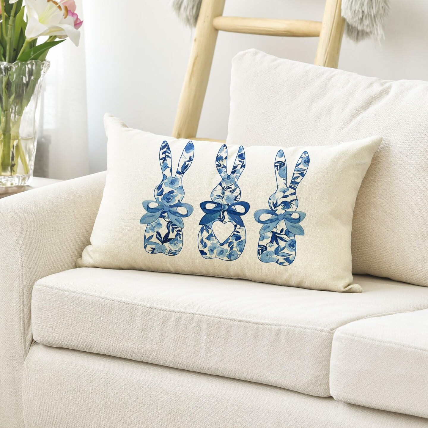 Easter Blue and White Porcelain Color Bunny Throw Pillow Cover, 12 x 20 Inch Flowers Cushion Case Decoration for Sofa Couch