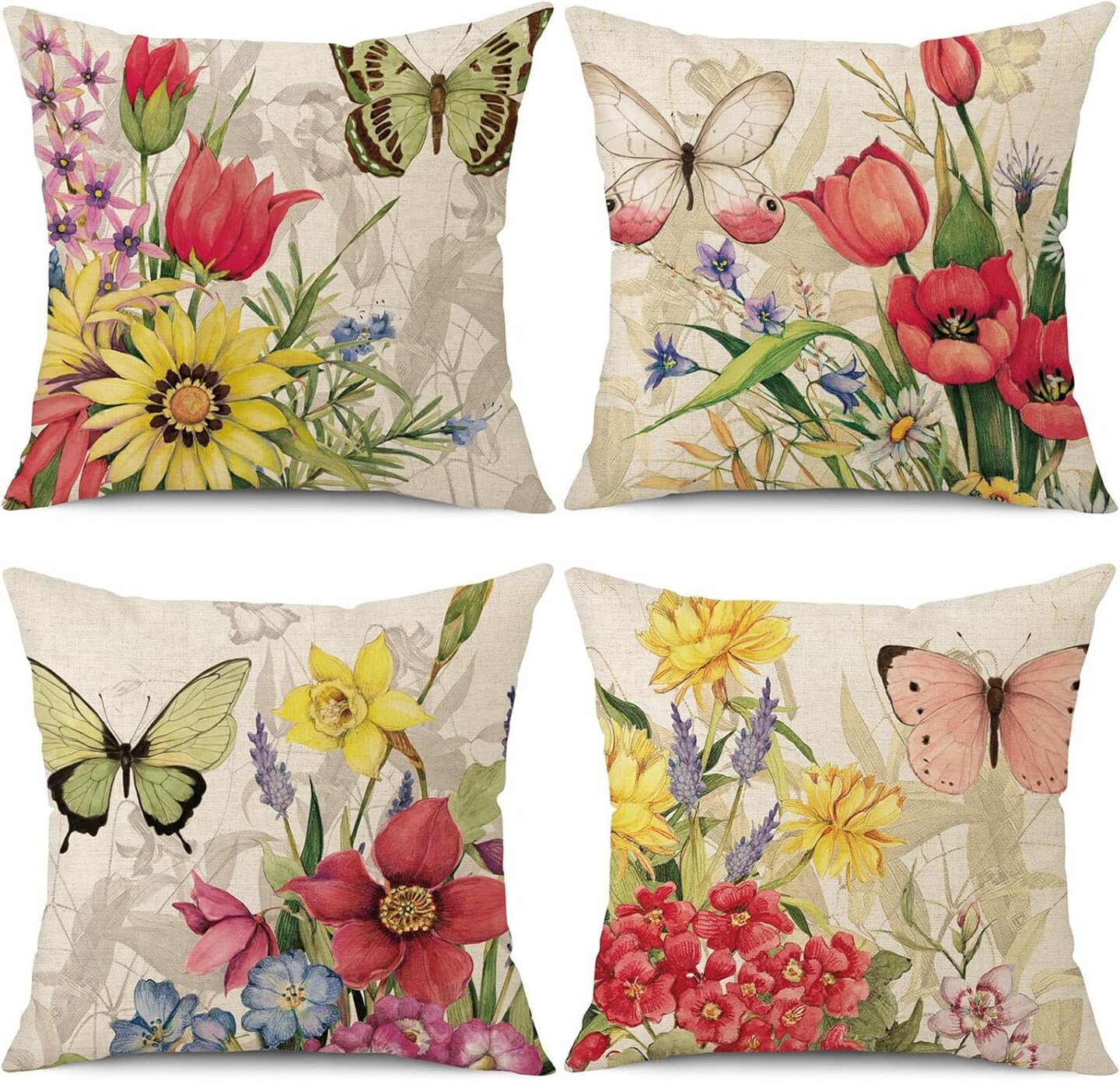 Throw Pillow Covers 16x16 Set of 4 Decorative Spring Pillow Covers Linen Flower Butterfly Farmhouse Pillowcases for Sofa Couch Living Room Outdoor (16&#x22; x 16&#x22;)