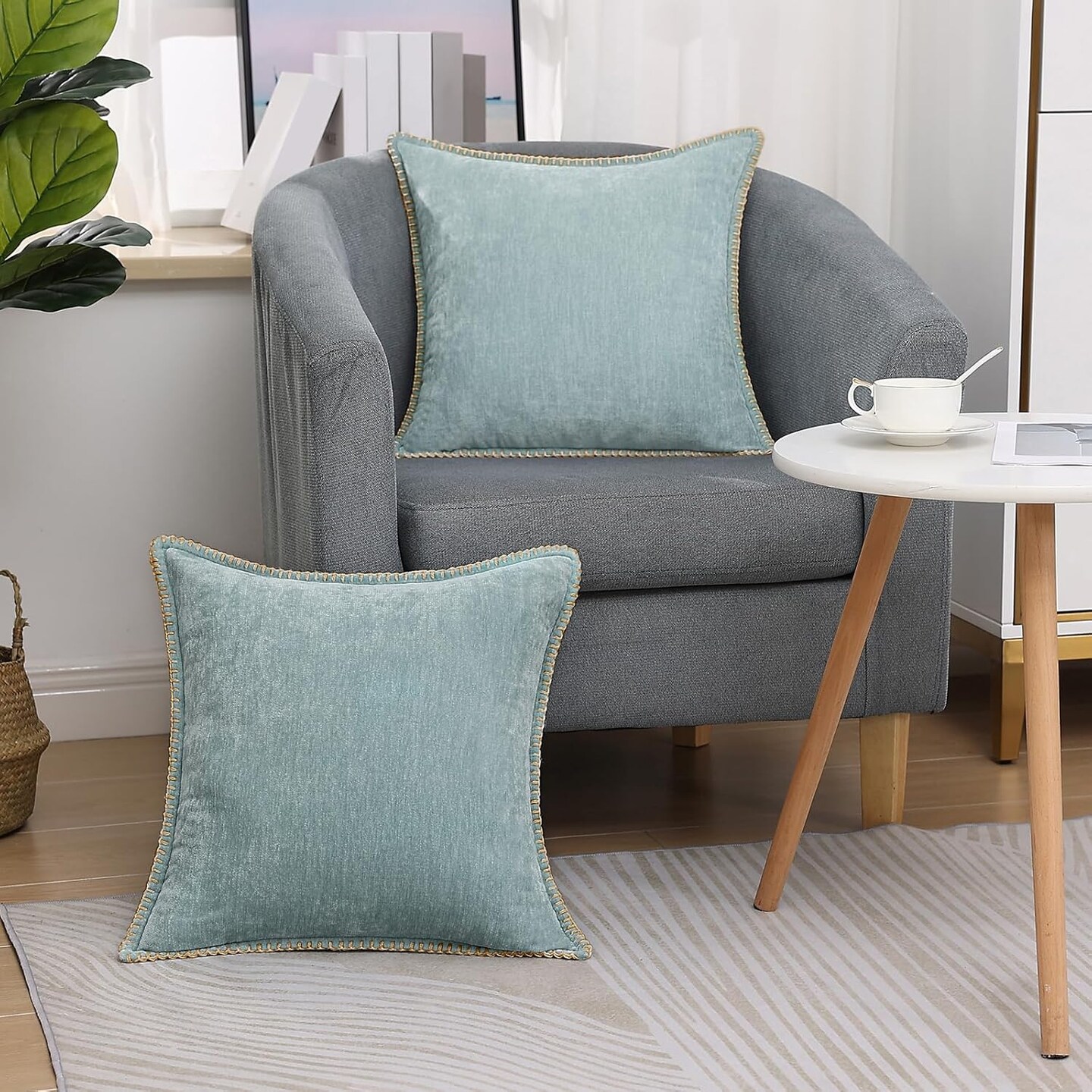 Chenille Soft Throw Pillow Covers 18x18 Set of 2, Farmhouse Velvet Decorative Pillow Covers with Stitched Edge for Couch Sofa Bed, Aqua Haze