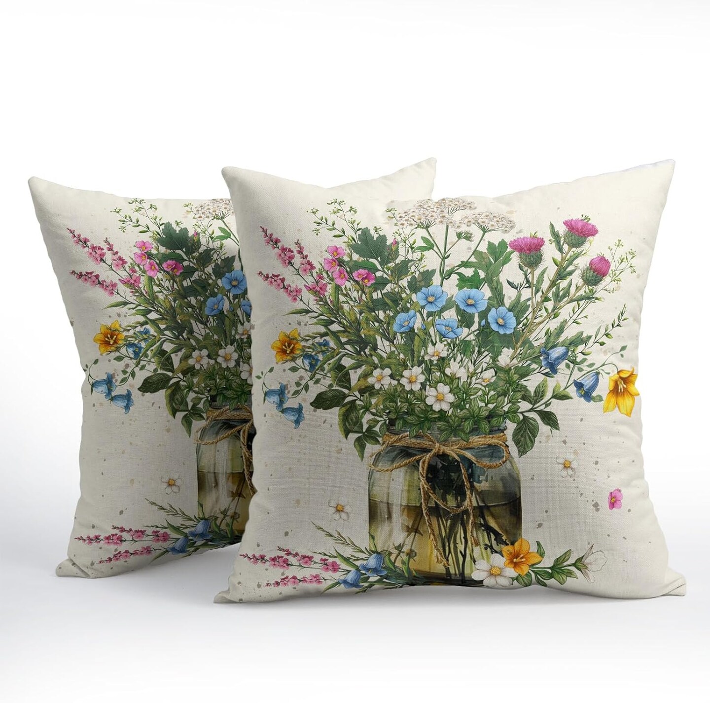 Spring Wildflower Throw Pillow Covers 18X18 Inches Set of 2 Multi Colored Daisy Flowers Mason Jar Pillowcase Soft Cotton Linen Square Spring Cushion Covers for Home Sofa Patio Bedroom